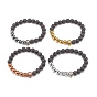 4Pcs 4 Color Natural Lava Rock & Synthetic Hematite Round Beaded Stretch Bracelets Set, Essential Oil Gemstone Bracelets with Alloy Skull for Halloween
