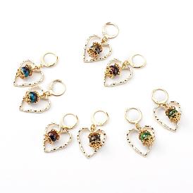 304 Stainless Steel Huggie Hoop Earrings, with Lampwork Round Beads and Alloy Pendants, Textured Heart, Golden