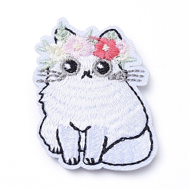Computerized Embroidery Cloth Iron on/Sew on Patches, Costume Accessories, Appliques, Cat with Flower