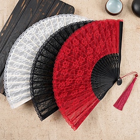 Chinese Style Lace Folding Fan with Tassel, Bamboo Hand Fan for Party Wedding Dancing Decoration