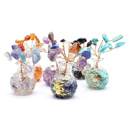 Gemstone Chips Tree Decorations, Glass Bottle Base with Copper Wire Feng Shui Energy Stone Gift for Home Office Desktop