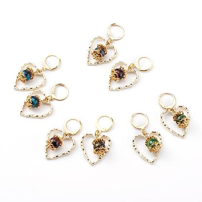 304 Stainless Steel Huggie Hoop Earrings, with Lampwork Round Beads and Alloy Pendants, Textured Heart, Golden
