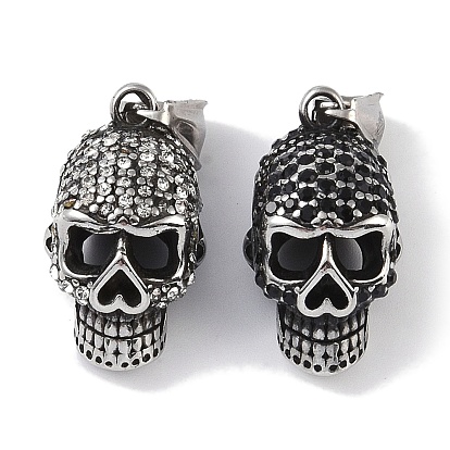 316 Surgical Stainless Steel Pendants, with Rhinestone, Skull Charm, Antique Silver