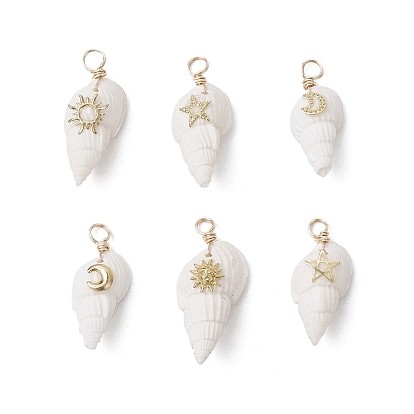 6шт 6 стили подвески из натуральных ракушек, подвески в форме ракушки с латунными дольками солнца, звезды и луны, золотые