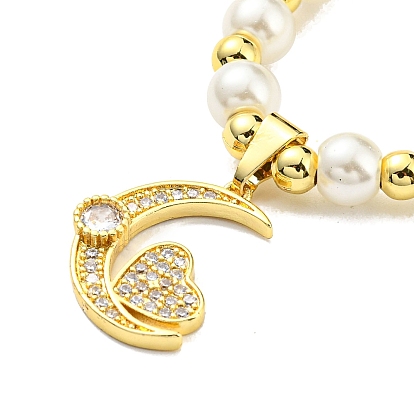 Cubic Zirconia and Rhinestone Moon Pendant Necklace, with Plasit Pearl Beaded Chains, 201 Stainless Steel Necklace