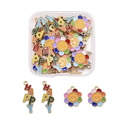 40Pcs 2 Style Alloy Enamel Pendants, with Word HAPPY & Flower, Colorful
