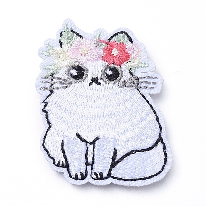 Computerized Embroidery Cloth Iron on/Sew on Patches, Costume Accessories, Appliques, Cat with Flower