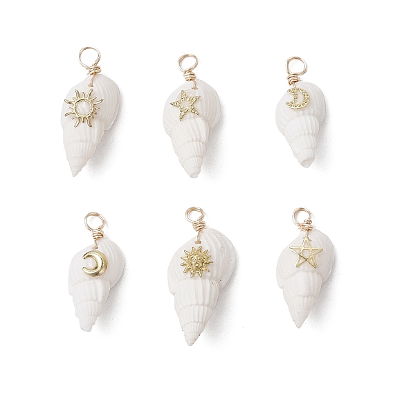 6шт 6 стили подвески из натуральных ракушек, подвески в форме ракушки с латунными дольками солнца, звезды и луны, золотые