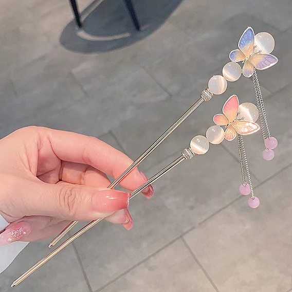 Палочки для волос из сплава эмали, аксессуары для волос для женщин и девочек, с бусинами из лунного камня, бабочка