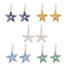 Glass Pearl & Synthetic Hematite Beaded Flower Dangle Earrings, Golden 304 Stainless Steel Wire Wrap Jewelry for Women