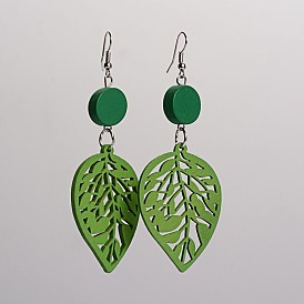 Trendy Leaf Wood Dangle Earrings, with Platinum Plated Iron Earring Hooks, 90x34mm, Pin: 0.8mm