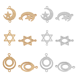 12Pcs 6 Style 201 Stainless Steel Link Connectors, Textured, Laser Cut, Star & Moon & Hexagram