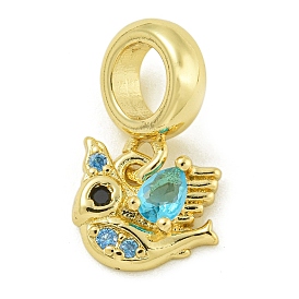 Rack Plating Brass Pave Black & Light Blue Cubic Zirconia Bird European Dangle Charms, Large Hole Pendants, Lead Free & Cadmium Free, Long-Lasting Plated