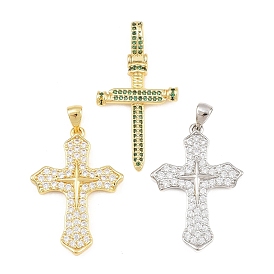 Brass Micro Pave Cubic Zirconia Pendants, Cross Charms, Rack Plating, Long-Lasting Plated, Lead Free & Cadmium Free