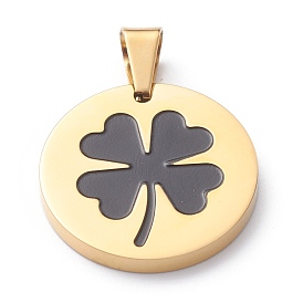 304 Stainless Steel Pendants, with Enamel, Polishing, Flat Round with Clover
