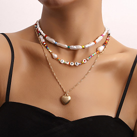 Colorful Rice Bead LOVE Heart Pendant Necklace for Women, Unique Creative Jewelry