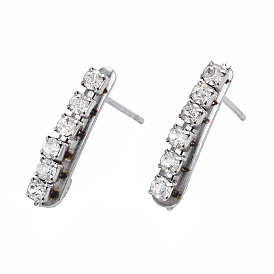 304 Stainless Steel Stud Earrings Findings, with Clear Cubic Zirconia and Horizontal Loop, Rectangle