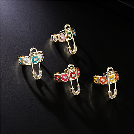 Fashionable Oil Flower and Geometric Open Ring with Zircon for Women