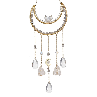 Самородки натуральный кварцевый кристалл и лабрадоритовый осколок и латунные лунные подвесные украшения, стеклянные каплевидные кисточки-ловцы солнца для украшения сада на открытом воздухе