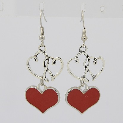 Valentine Interlocking Heart Earrings, with Alloy Enamel Heart Pendants and Brass Earring Hooks, 35mm