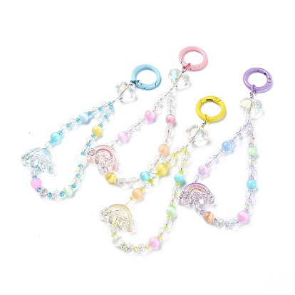 Rainbow Electroplate Transparent Glass Beaded Pendant Keychain, with Alloy Spring Gate Rings and Natural Selenite Beads