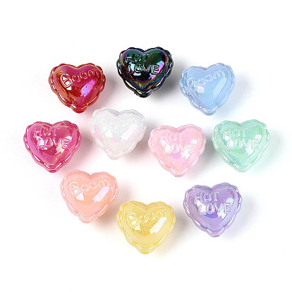Непрозрачные акриловые бусины с УФ-покрытием, сердце со словом горячая любовь и бум, AB цвет