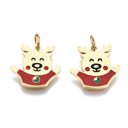 316 Surgical Stainless Steel Enamel Charms, with Jump Rings, for Christmas, Christmas Reindeer/Stag, Red