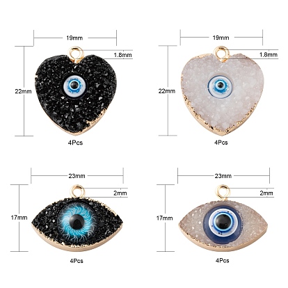 16Pcs 2 Style Druzy Resin Pendants, with Edge Light Gold Plated Iron Loops, Evil Eye & Heart with Evil Eye