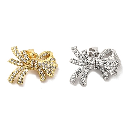 Brass Micro Pave Clear Cubic Zirconia Pendants, Cadmium Free & Lead Free, Bowknot
