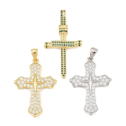 Brass Micro Pave Cubic Zirconia Pendants, Cross Charms, Rack Plating, Long-Lasting Plated, Lead Free & Cadmium Free