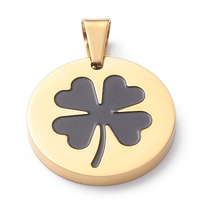 304 Stainless Steel Pendants, with Enamel, Polishing, Flat Round with Clover