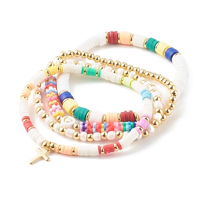 Stackable Bracelets, Stretch Beaded Bracelets Sets, with Polymer Clay Beads, Brass Beads and Cross Charms, Golden