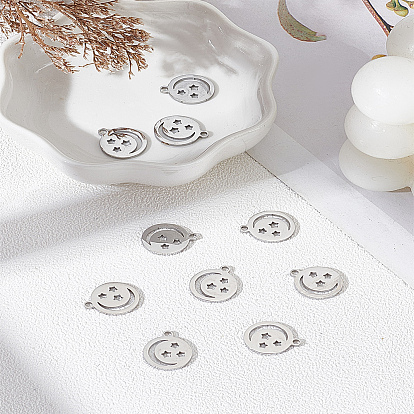 10Pcs 304 Stainless Steel Charms, Laser Cut, Flat Round with Moon and Star