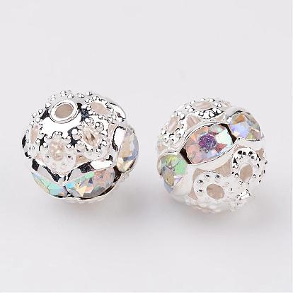 Brass Rhinestone Beads, Grade A, Silver Color Plated, Round