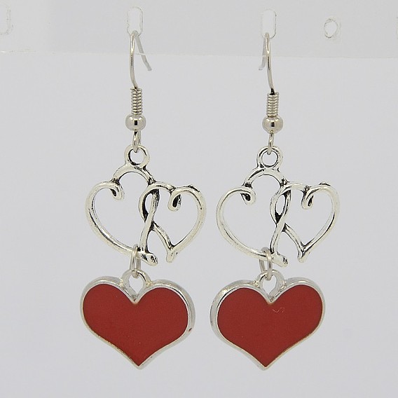 Valentine Interlocking Heart Earrings, with Alloy Enamel Heart Pendants and Brass Earring Hooks, 35mm