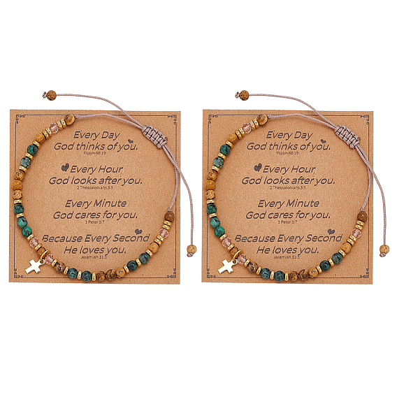 Браслеты из цинкового сплава, Регулируемые браслеты из натуральных африканских круглых бусин бирюзы для мужчин и женщин, крестик, с открытки