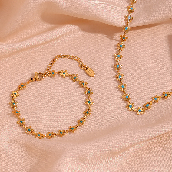 304 Женские ожерелья из нержавеющей стали с цветочной цепочкой и эмалью глубокого небесно-голубого цвета