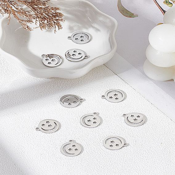 10Pcs 304 Stainless Steel Charms, Laser Cut, Flat Round with Moon and Star
