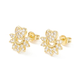 Clear Cubic Zirconia Flower with Heart Stud Earrings, Brass Jewelry for Women, Cadmium Free & Nickel Free & Lead Free
