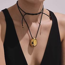 304 Stainless Steel Teardrop Pendant Adjustable Black Leather Cord Slider Necklaces for Women