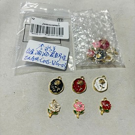 12 pcs 6 styles pendentifs en émail en alliage, avec strass, sans cadmium et sans nickel et sans plomb, charme rose