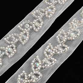Polyester Leaf Lace Trims, with ABS Imitation Pearl Beads and Glass
