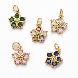 Brass Clear Cubic Zirconia Pendants, Long-Lasting Plated, Real 18K Gold Plated, Flower