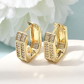 Серьги-кольца из латуни с микропаве из прозрачного кубического циркония, восьмиугольник