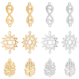 12Pcs 6 Style 201 Stainless Steel Links Connectors, Cut, Leaf & Sun & Infinity