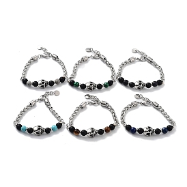 Bracelets de perles de pierres précieuses mélangées avec crâne d'halloween avec fermoirs à griffes de homard en acier inoxydable