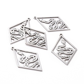 201 Stainless Steel Pendants, Laser Cut, Rhombus with Snake