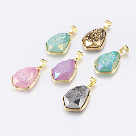 Electroplated Natural Druzy Quartz Crystal Pendants, with Brass Findings, Drop, Faceted, Golden