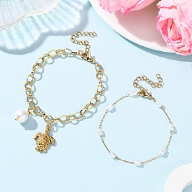 2 шт. 2 стили 304 браслеты из нержавеющей стали с подвесками в виде морской черепахи и круглого жемчуга и 316 набор браслетов из хирургической нержавеющей стали с имитацией жемчуга для женщин