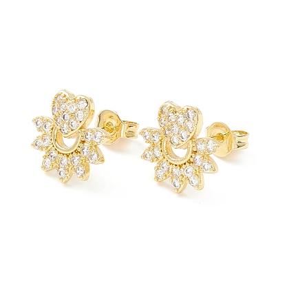 Clear Cubic Zirconia Flower with Heart Stud Earrings, Brass Jewelry for Women, Cadmium Free & Nickel Free & Lead Free